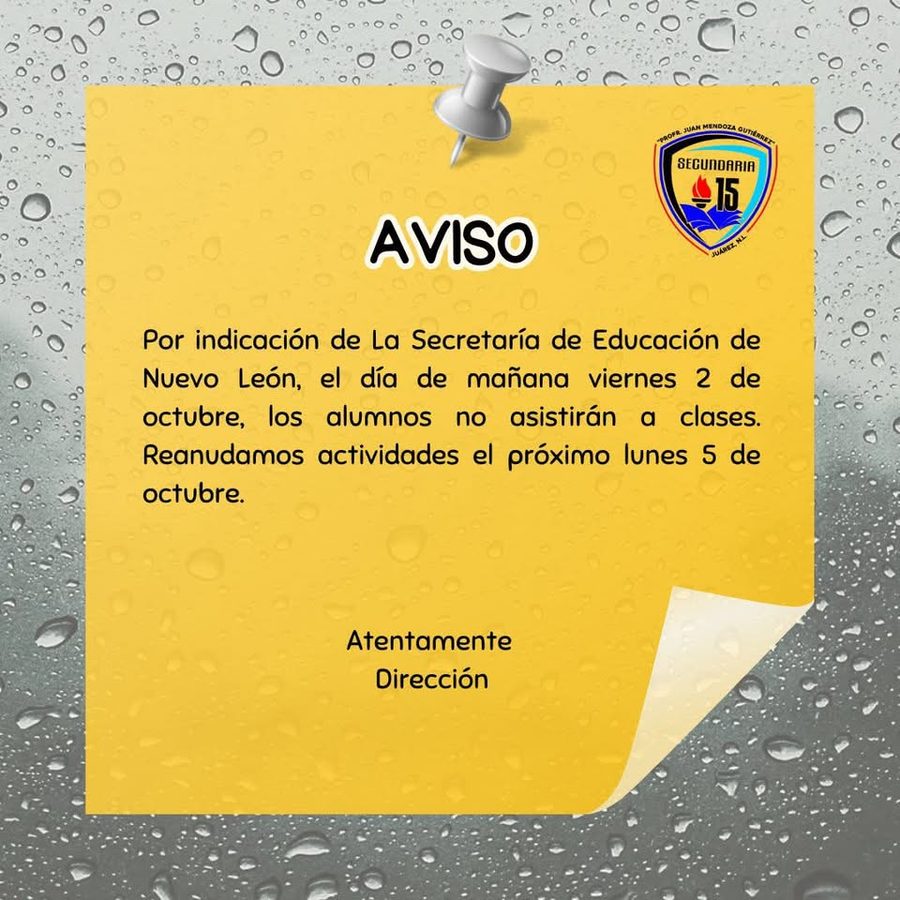 Aviso que informa que los alumnos no asistirían a clases el viernes 2 de octubre y que las actividades se reanudarían el lunes 5.