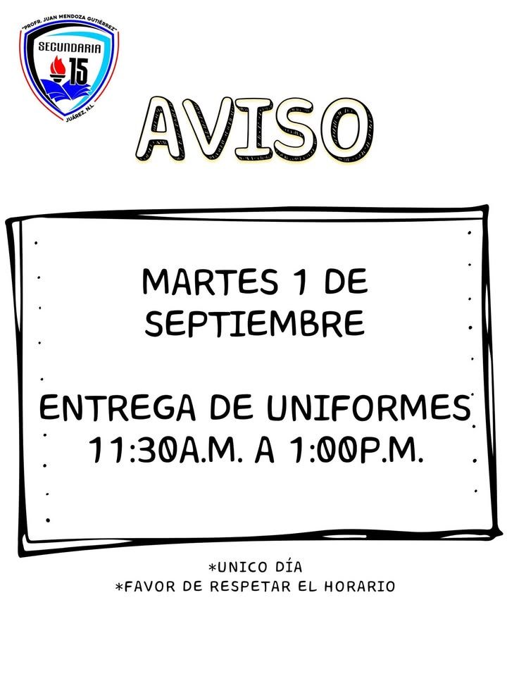 Aviso que informa la entrega de uniformes el martes 1 de septiembre de 11:30 a. m. a 1:00 p. m.